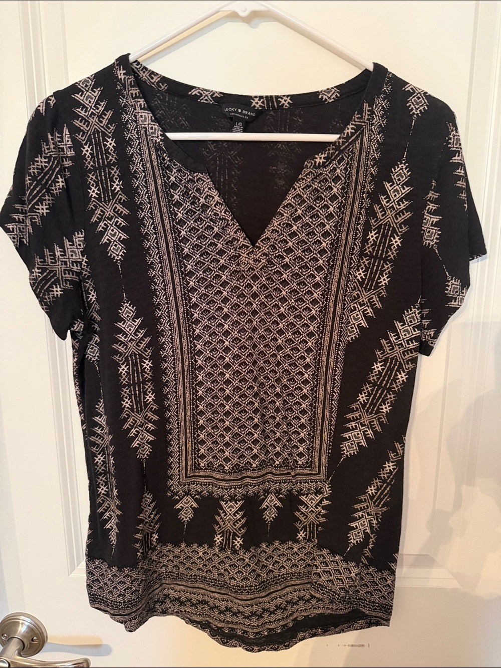 Lucky Brand Black Top with Cream Geometric Embroidery